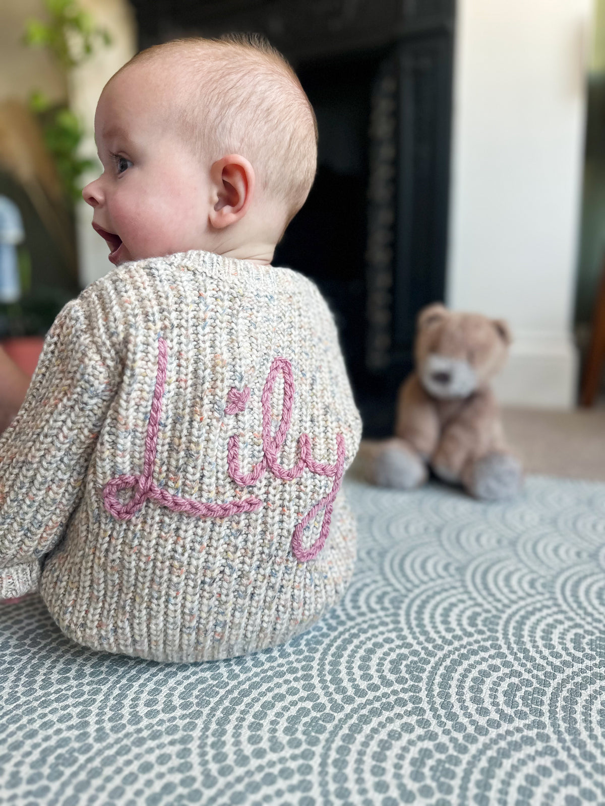 Baby Personalised Speckled Beige Hand Embroidered Cardigan