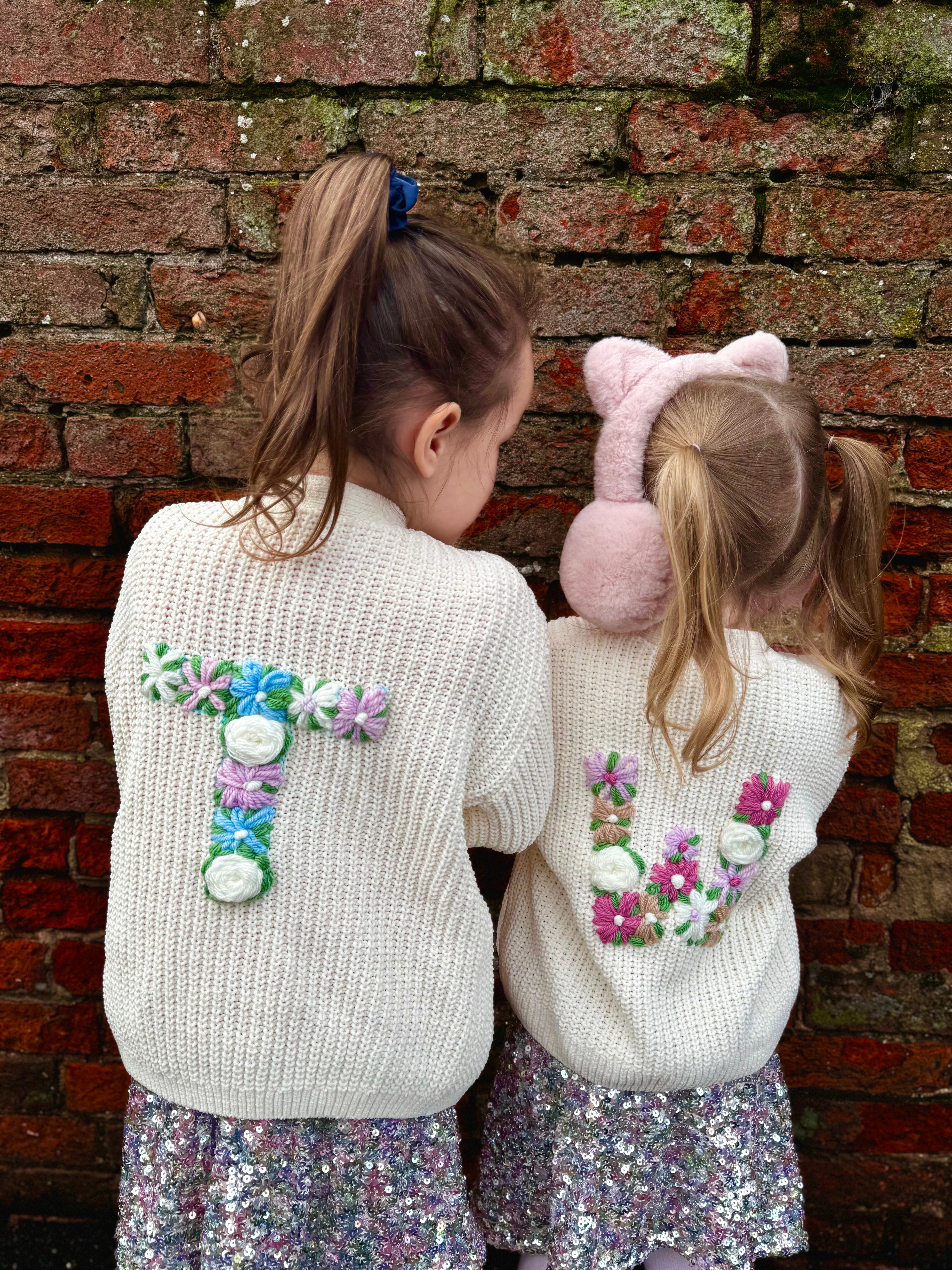 Kids Personalised Ecru Hand Embroidered Initial Cardigan