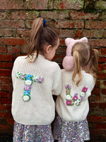 Load image into Gallery viewer, Kids Personalised Ecru Hand Embroidered Initial Cardigan
