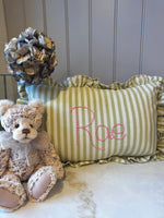 Load image into Gallery viewer, Green Stripe Embroidered Frill Name Cushion
