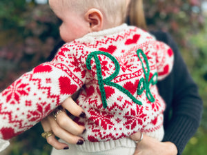 Personalised Festive Christmas Red and Cream Hand Embroidered Cardigan