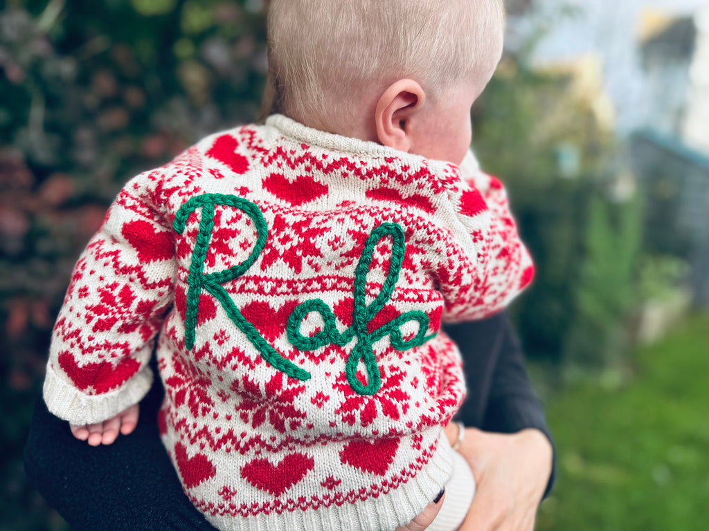 Personalised Festive Christmas Red and Cream Hand Embroidered Cardigan
