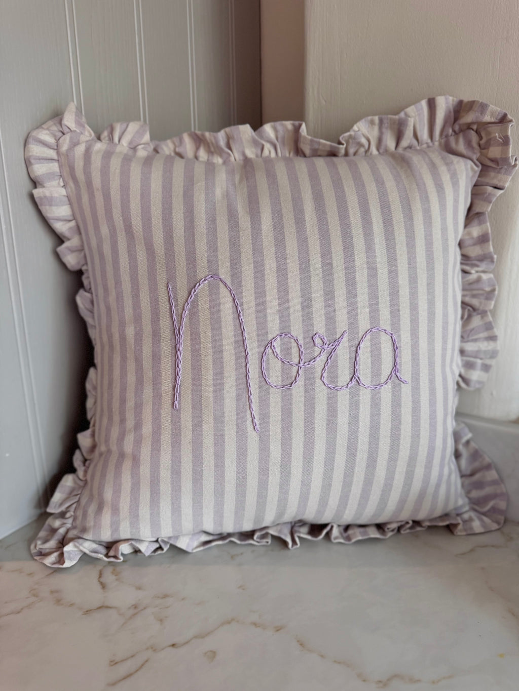 Lilac Stripe Embroidered Frill Name Cushion