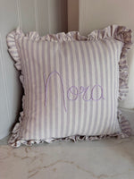 Load image into Gallery viewer, Lilac Stripe Embroidered Frill Name Cushion
