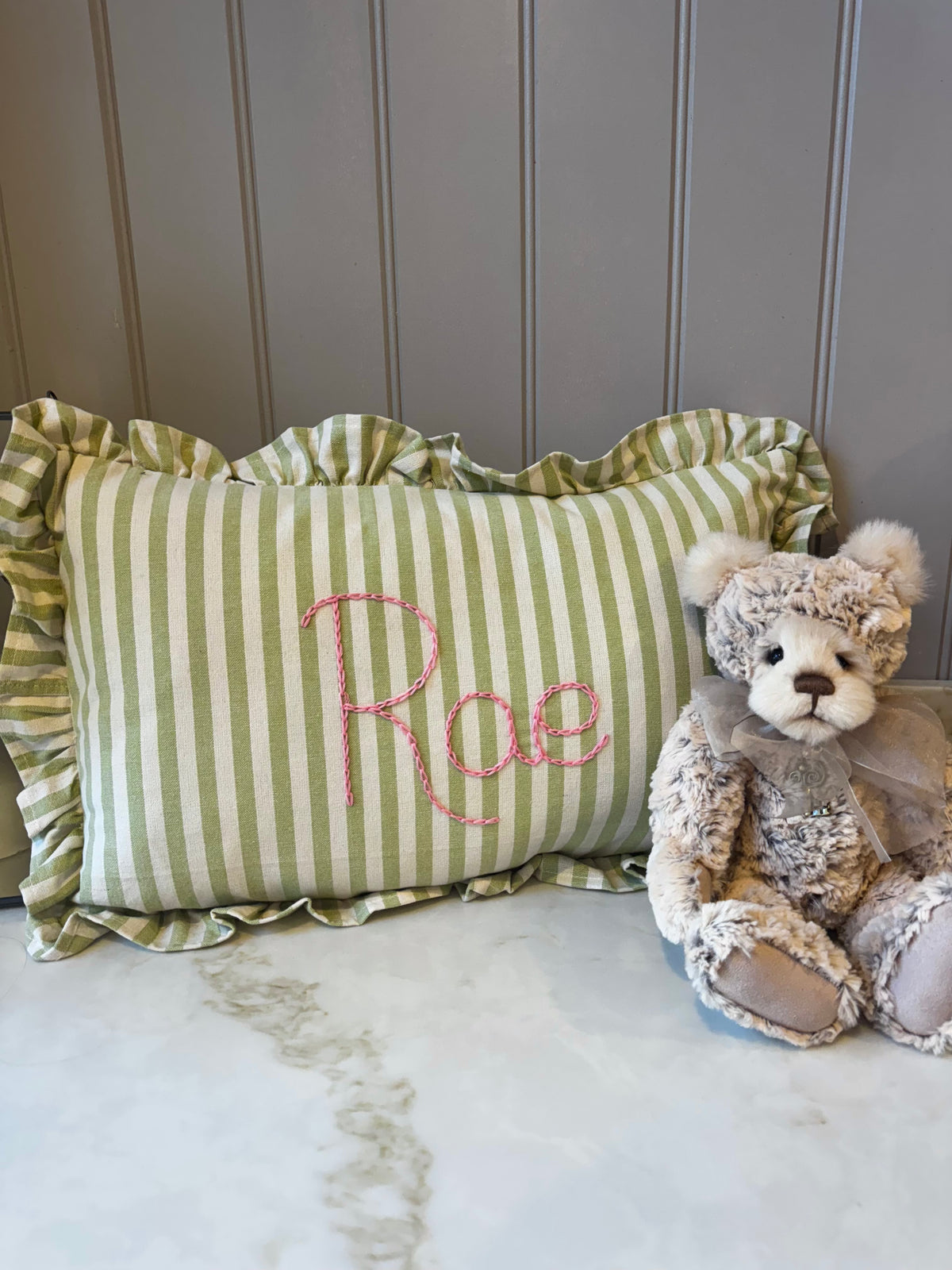 Green Stripe Embroidered Frill Name Cushion