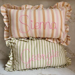 Load image into Gallery viewer, Green Stripe Embroidered Frill Name Cushion
