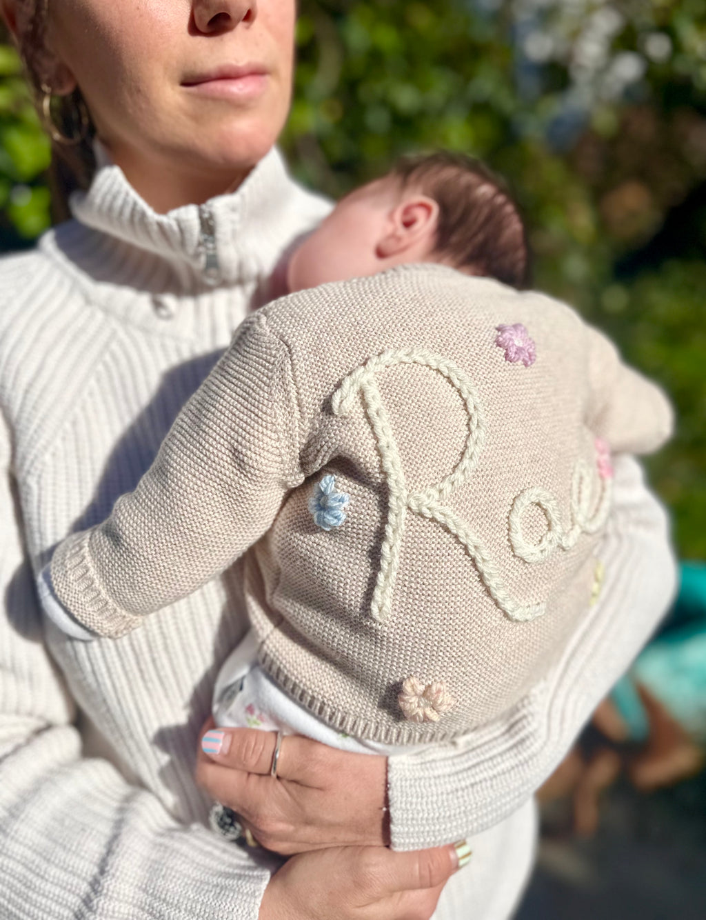 Baby Personalised Beige Hand Embroidered Cardigan With Flowers