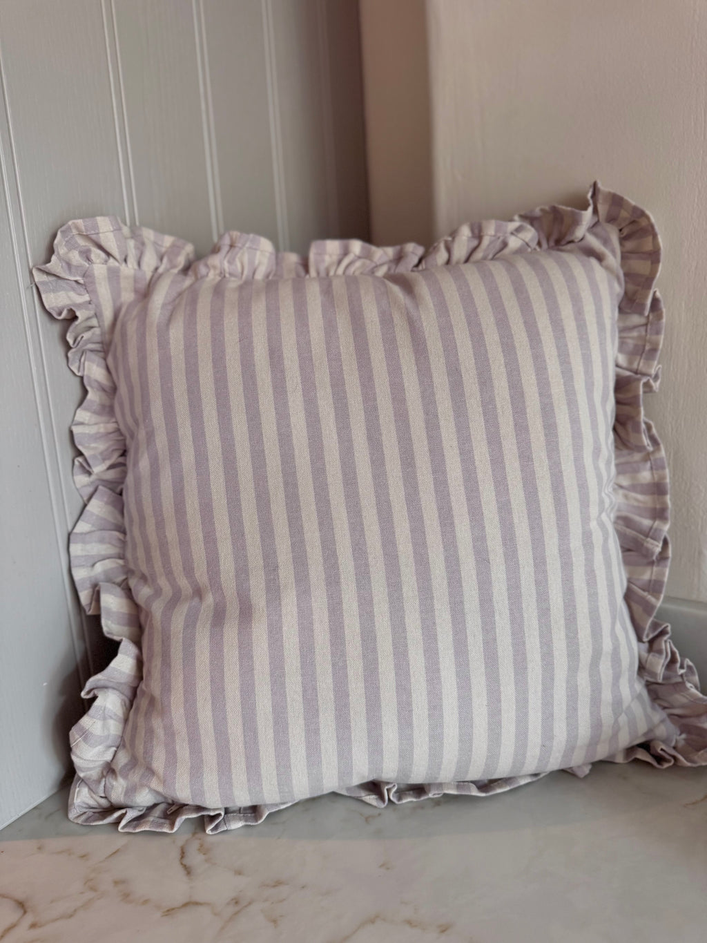 Lilac Stripe Embroidered Frill Name Cushion
