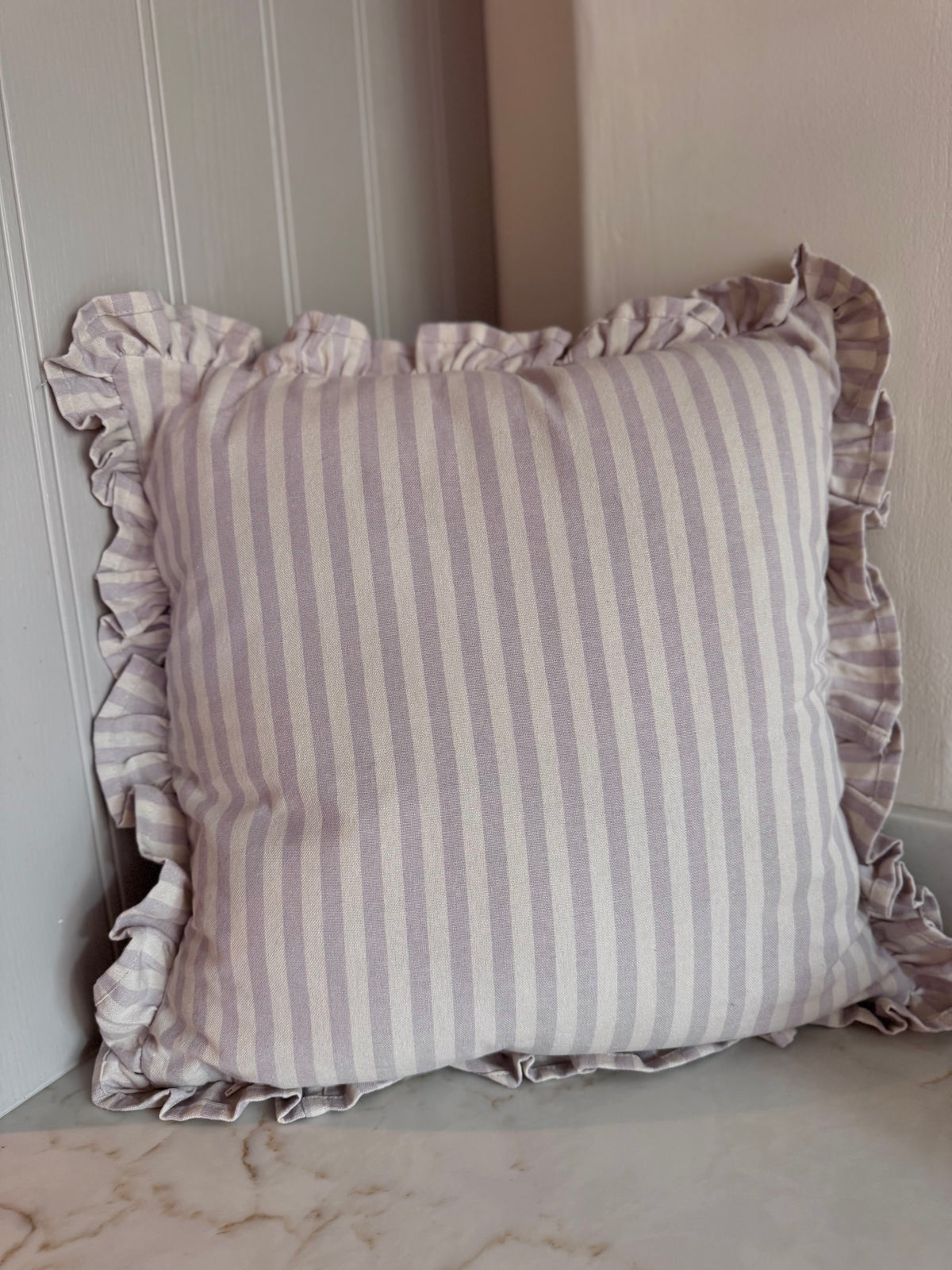 Lilac Stripe Embroidered Frill Name Cushion