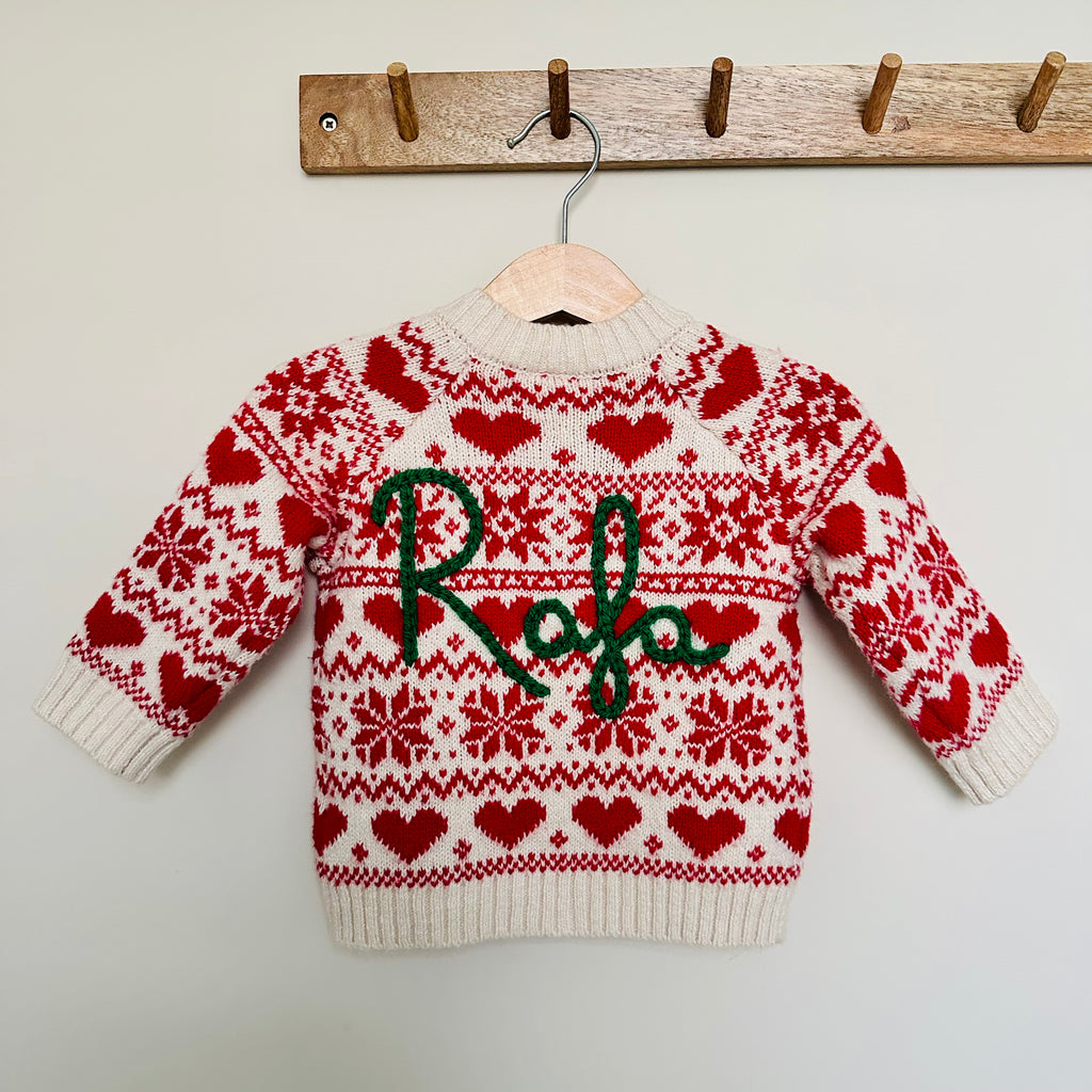 Personalised Festive Christmas Red and Cream Hand Embroidered Cardigan