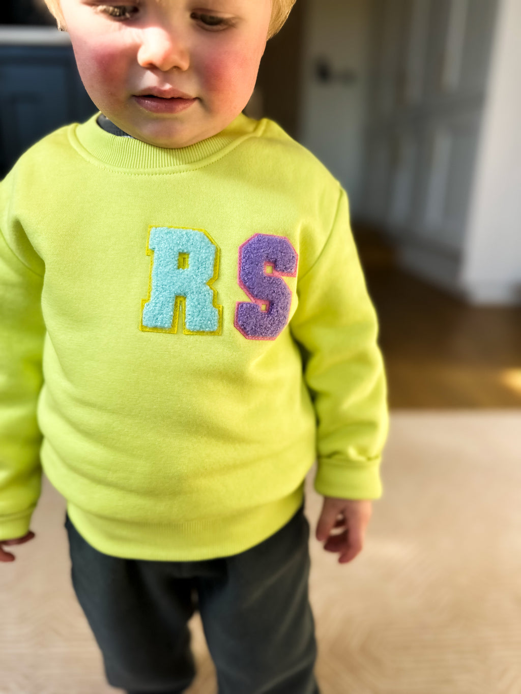 Personalised Chenille Initial Patch Neon Yellow Sweater
