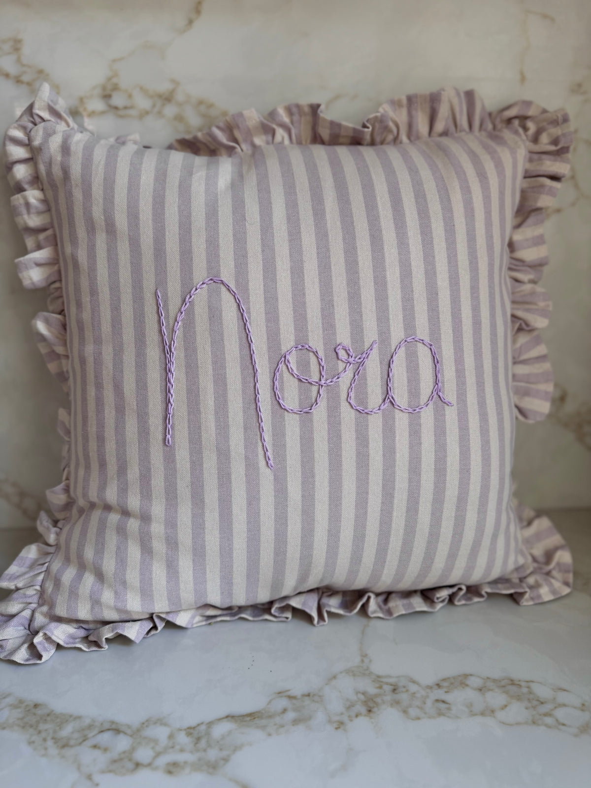 Lilac Stripe Embroidered Frill Name Cushion