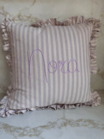 Load image into Gallery viewer, Lilac Stripe Embroidered Frill Name Cushion
