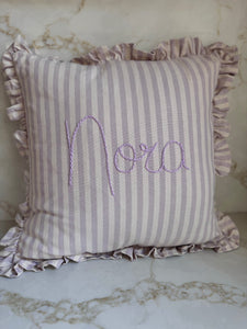 Lilac Stripe Embroidered Frill Name Cushion