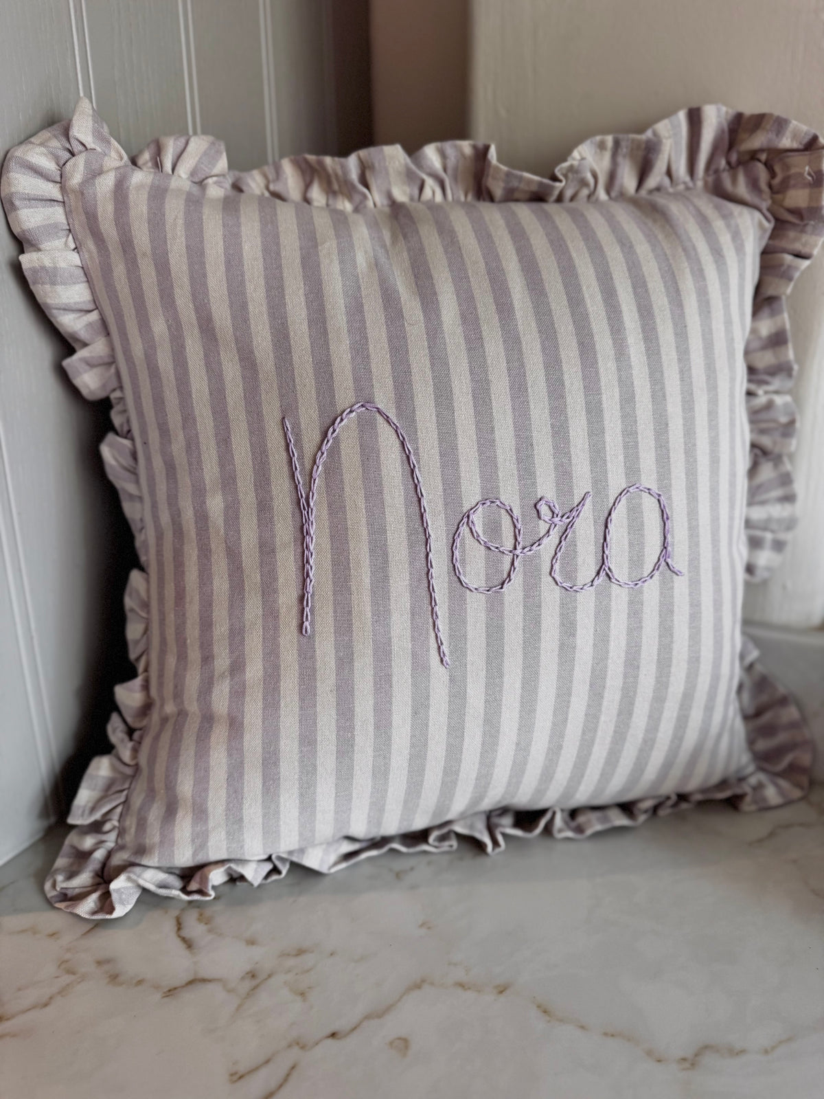 Lilac Stripe Embroidered Frill Name Cushion