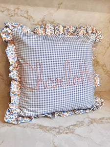 Blue Embroidered Frill Name Cushion