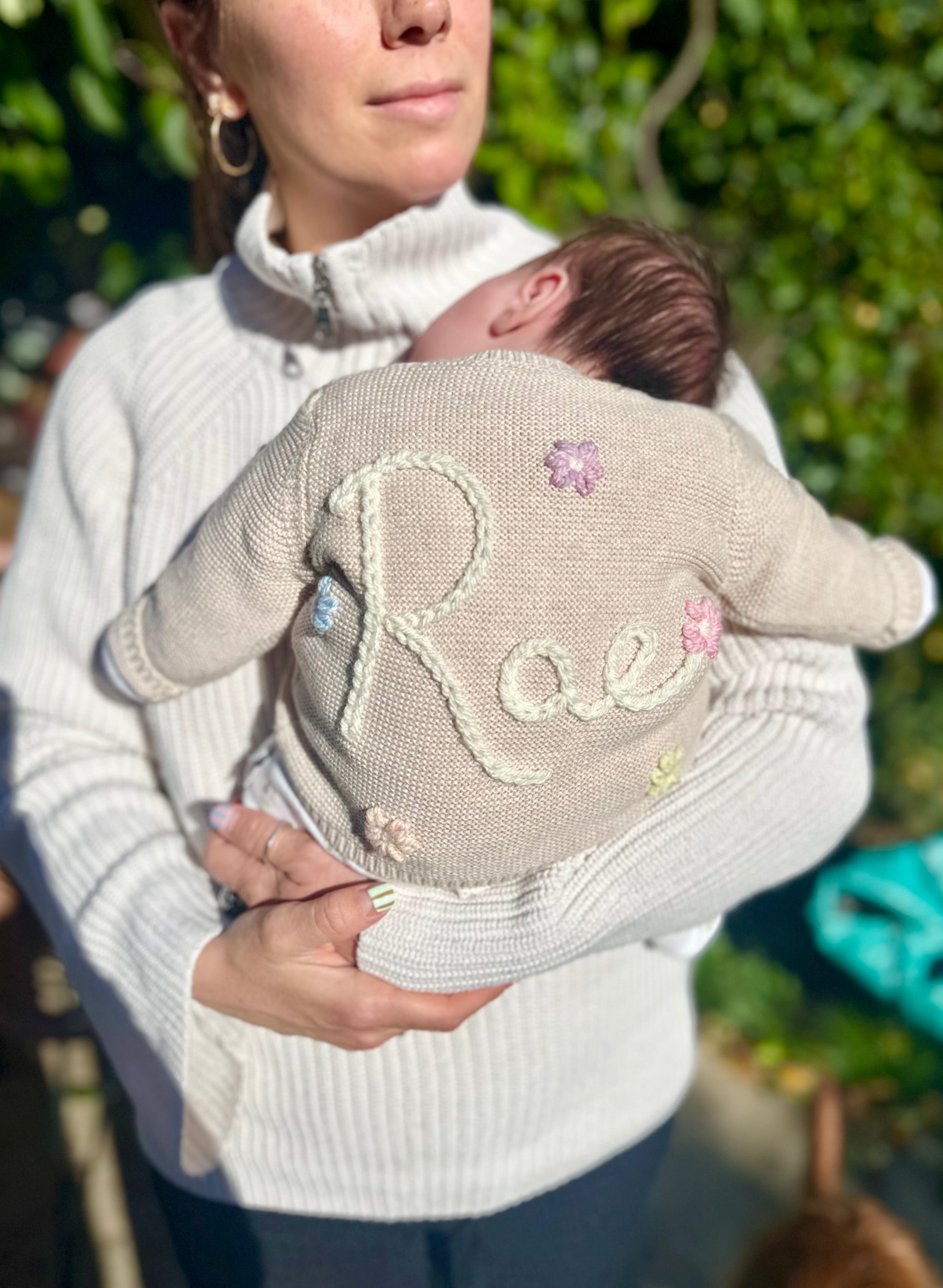 Baby Personalised Beige Hand Embroidered Cardigan With Flowers
