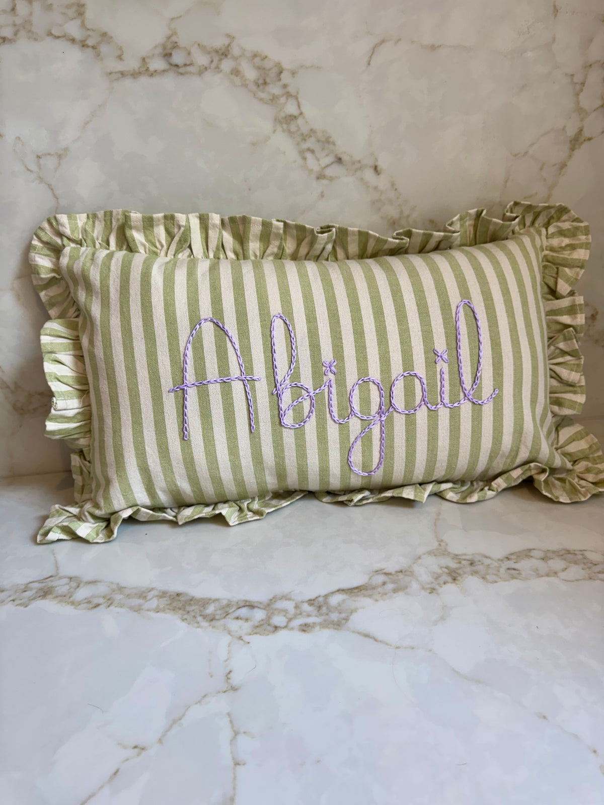 Green Stripe Embroidered Frill Name Cushion