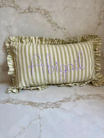 Load image into Gallery viewer, Green Stripe Embroidered Frill Name Cushion
