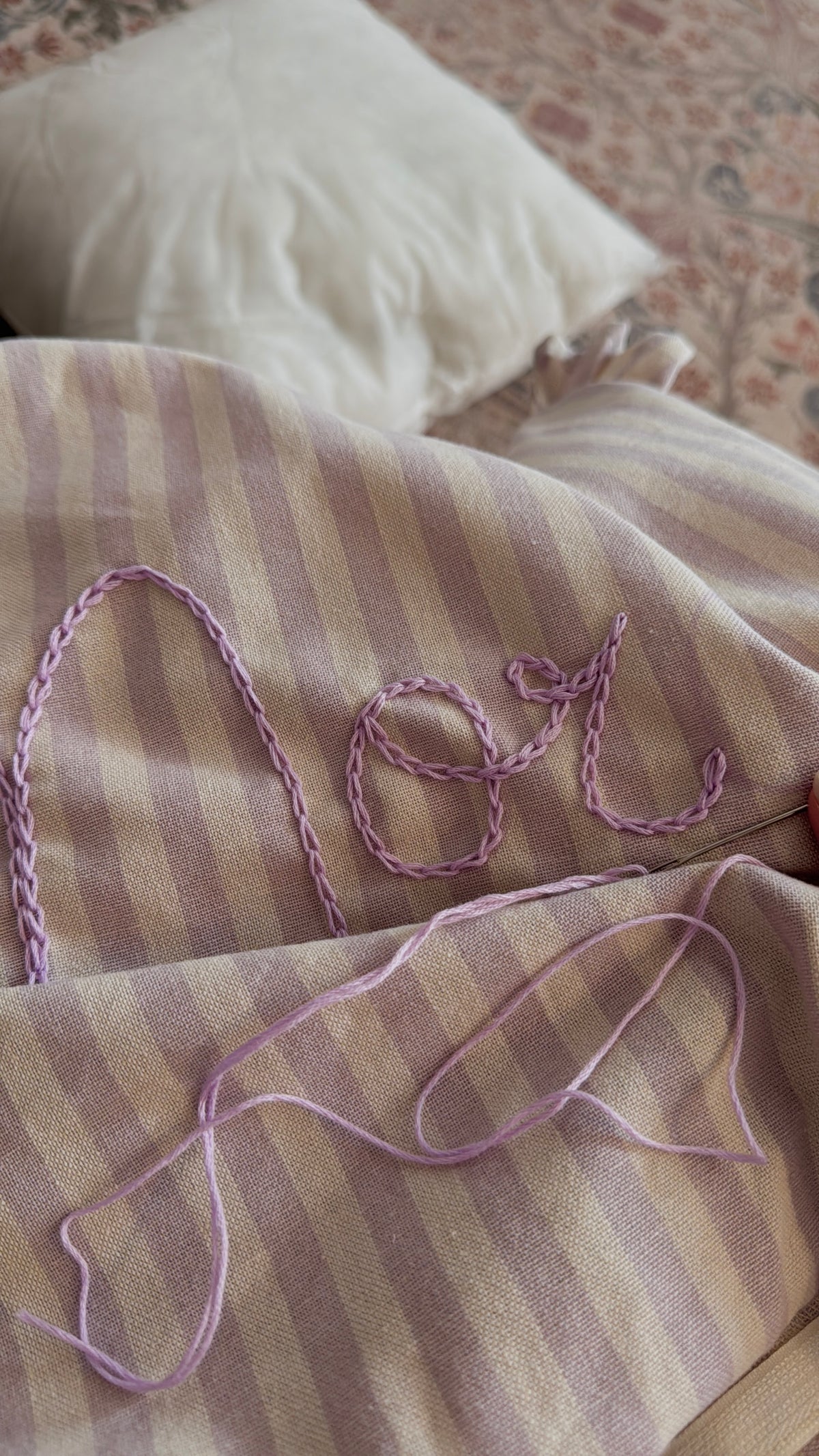 Lilac Stripe Embroidered Frill Name Cushion