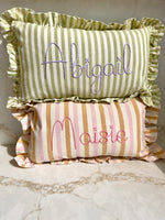 Load image into Gallery viewer, Green Stripe Embroidered Frill Name Cushion
