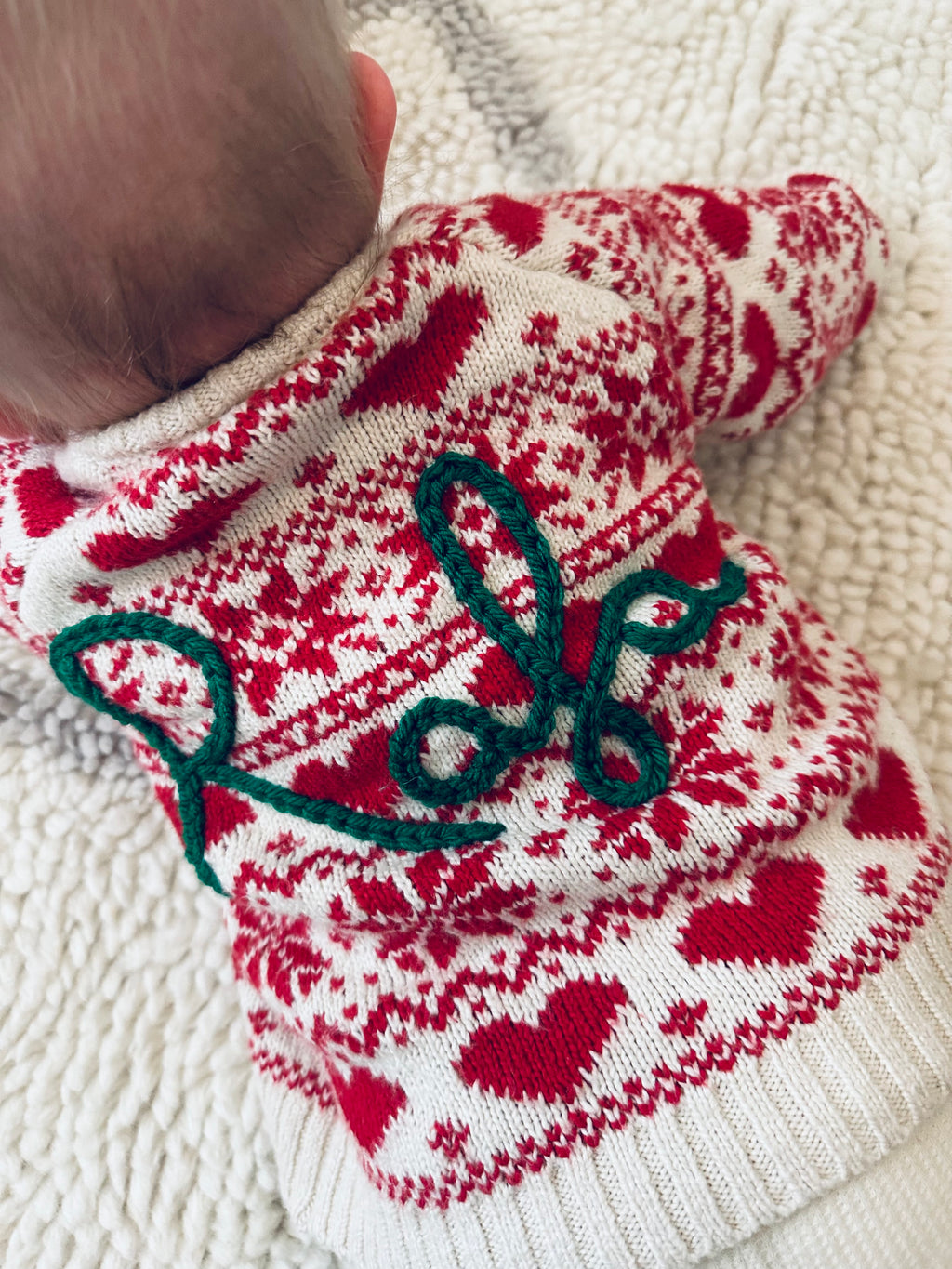 Personalised Festive Christmas Red and Cream Hand Embroidered Cardigan