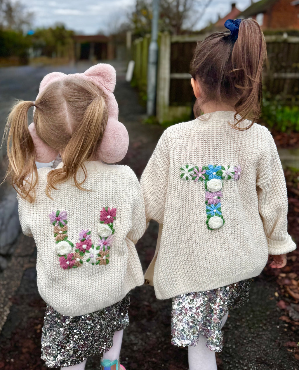 Kids Personalised Ecru Hand Embroidered Initial Cardigan