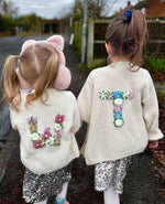 Load image into Gallery viewer, Kids Personalised Ecru Hand Embroidered Initial Cardigan
