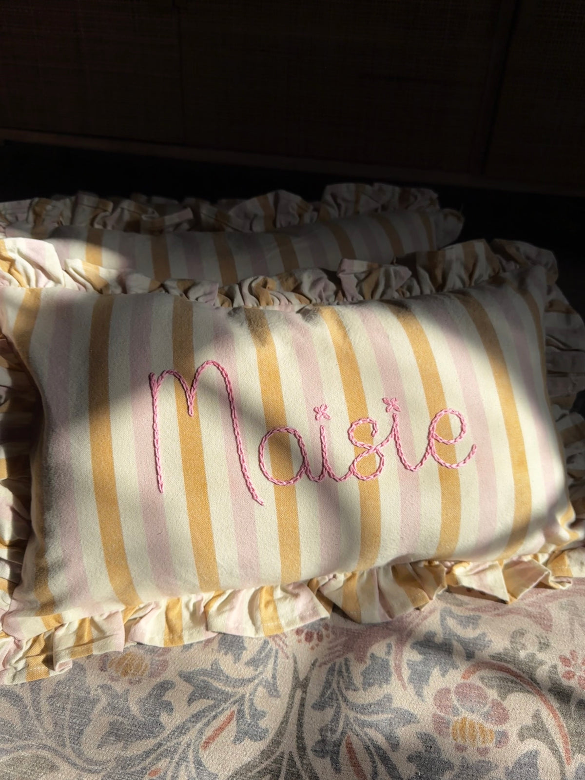 Pink Stripe Embroidered Frill Name Cushion