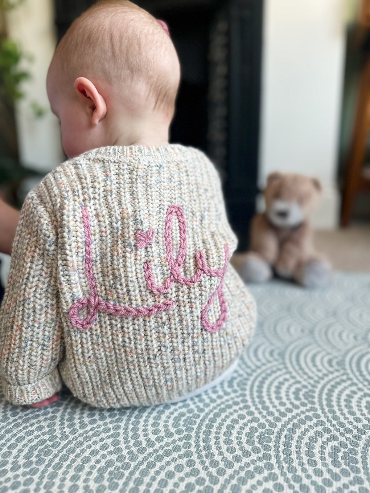 Baby Personalised Speckled Beige Hand Embroidered Cardigan