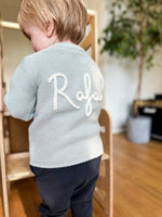 Load image into Gallery viewer, Baby Personalised Light Blue Hand Embroidered Cardigan
