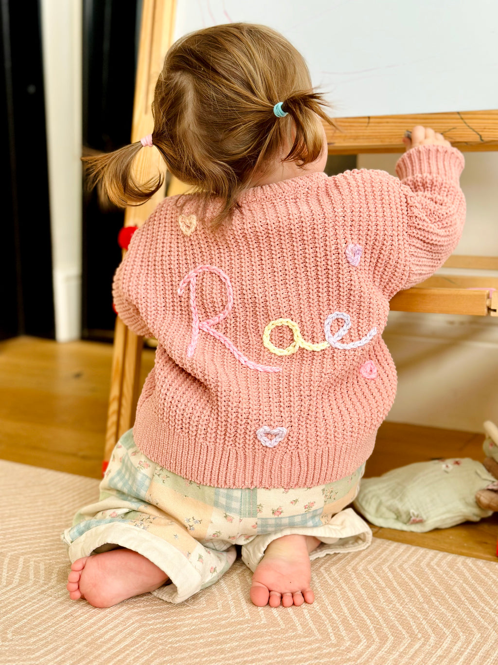 Kids Personalised Pink Hand Embroidered Hearts Cardigan