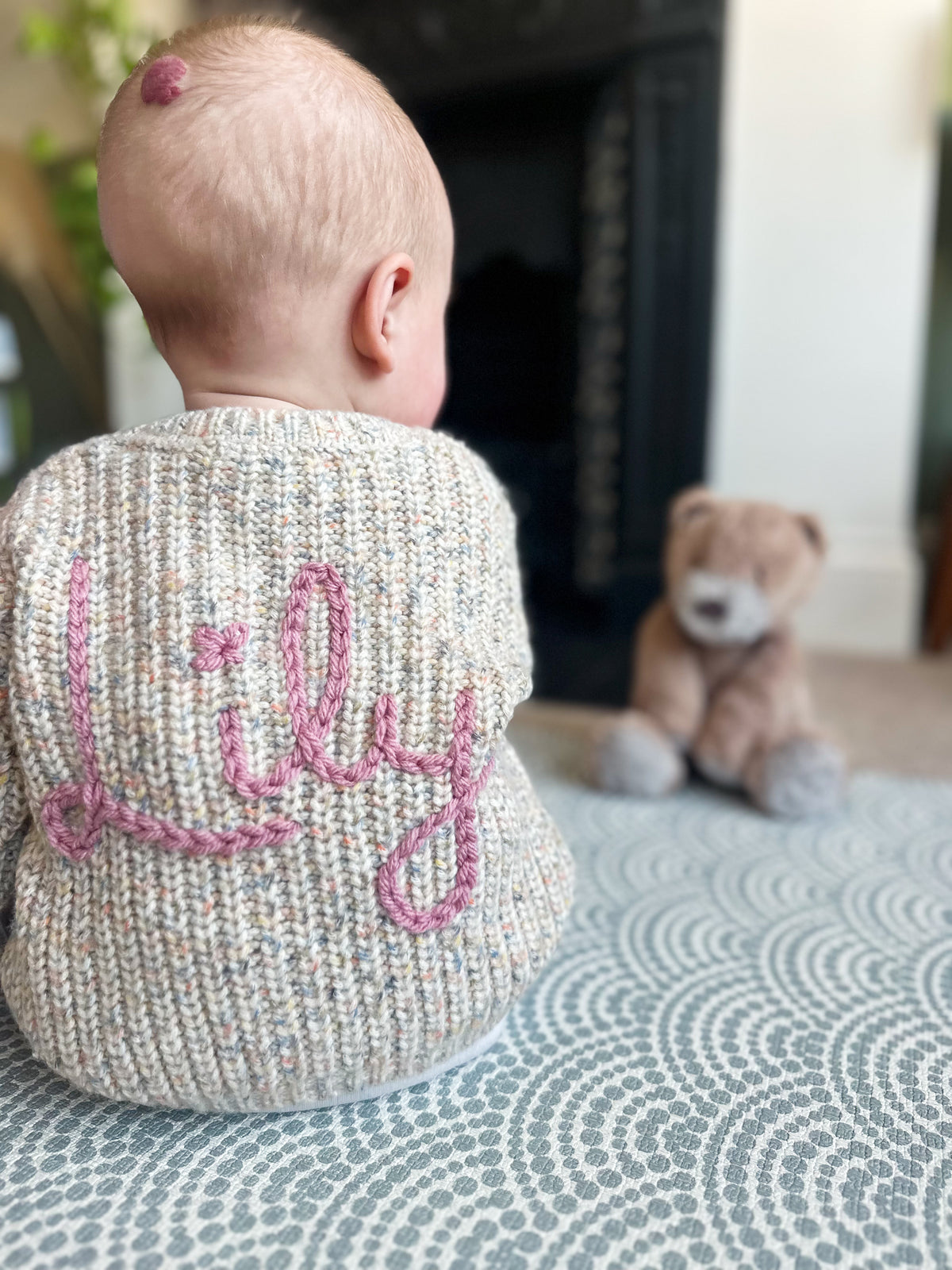 Baby Personalised Speckled Beige Hand Embroidered Cardigan