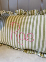 Load image into Gallery viewer, Green Stripe Embroidered Frill Name Cushion
