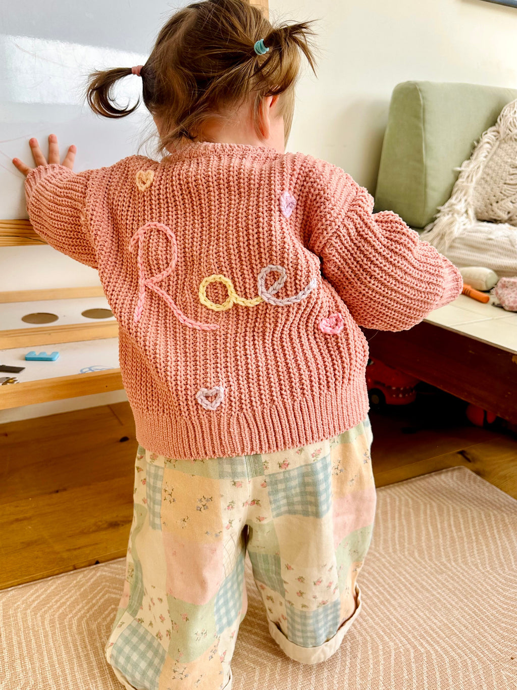 Kids Personalised Pink Hand Embroidered Hearts Cardigan