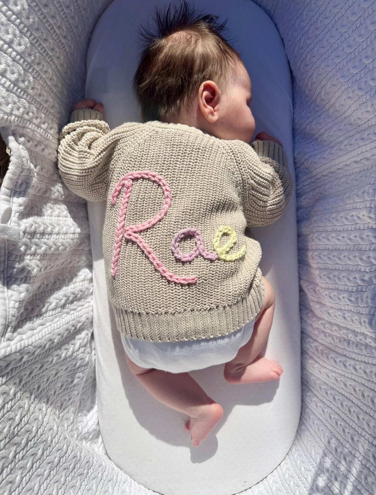 Personalised Greige Hand Embroidered Baby Cardigan