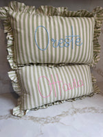 Load image into Gallery viewer, Green Stripe Embroidered Frill Name Cushion
