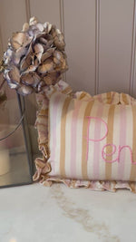 Load and play video in Gallery viewer, Pink Stripe Embroidered Frill Name Cushion
