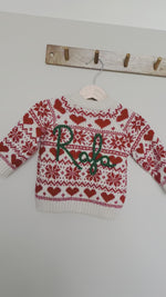 Load and play video in Gallery viewer, Personalised Festive Christmas Red and Cream Hand Embroidered Cardigan
