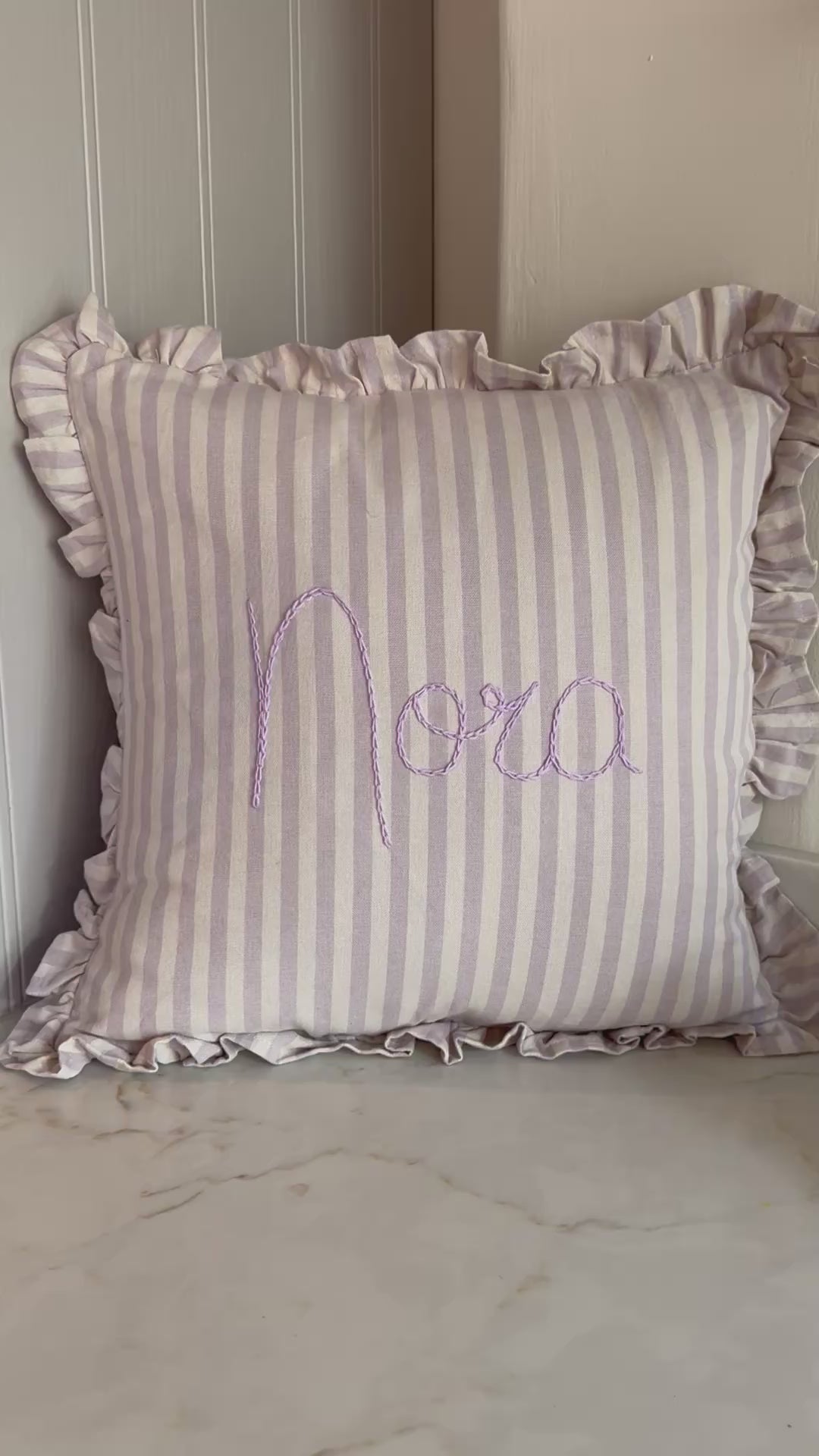 Lilac Stripe Embroidered Frill Name Cushion
