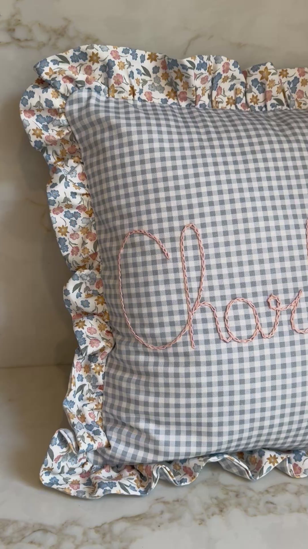 Blue Embroidered Frill Name Cushion