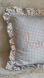Load and play video in Gallery viewer, Blue Embroidered Frill Name Cushion
