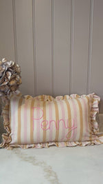 Load and play video in Gallery viewer, Pink Stripe Embroidered Frill Name Cushion
