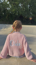 Load and play video in Gallery viewer, Kids Personalised Baby Pink Hand Embroidered Cardigan
