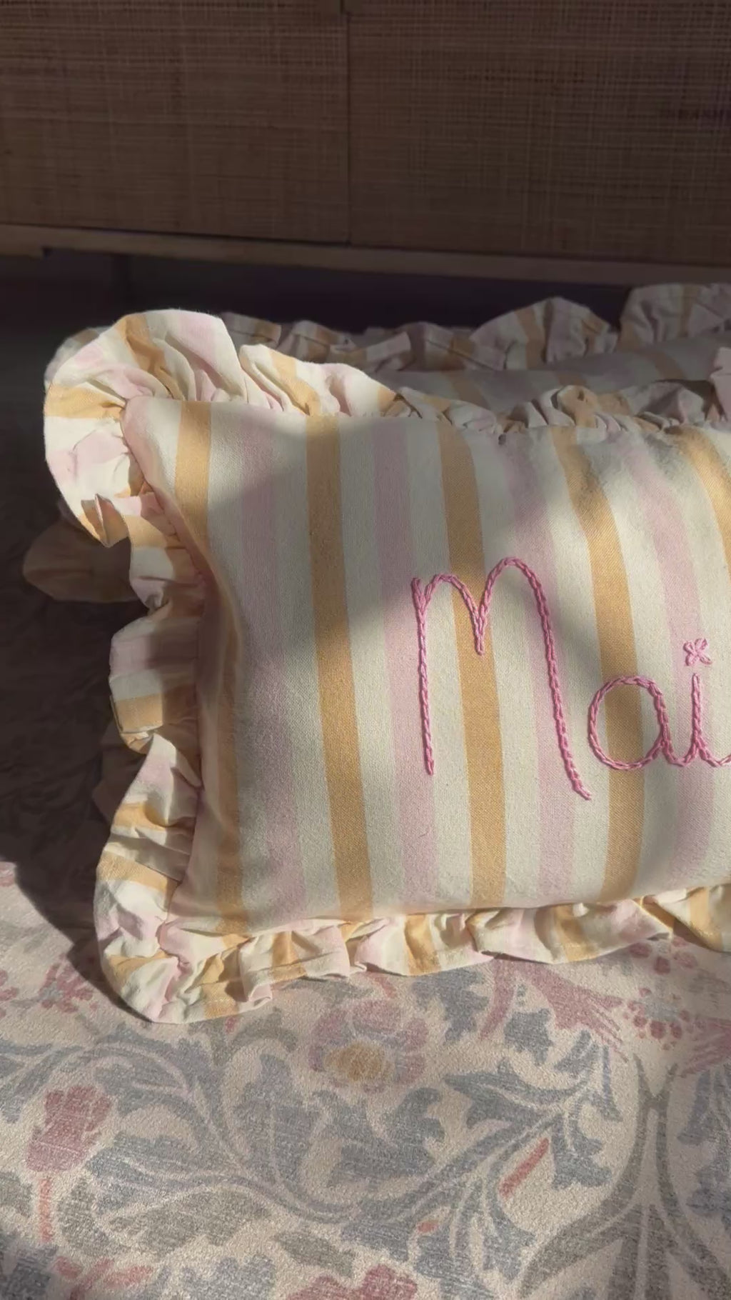 Pink Stripe Embroidered Frill Name Cushion