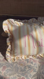 Load and play video in Gallery viewer, Pink Stripe Embroidered Frill Name Cushion
