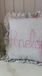 Load and play video in Gallery viewer, Blue Embroidered Frill Name Cushion
