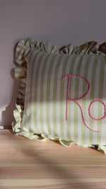 Load and play video in Gallery viewer, Green Stripe Embroidered Frill Name Cushion
