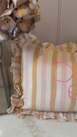 Load and play video in Gallery viewer, Pink Stripe Embroidered Frill Name Cushion
