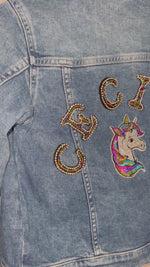 Load and play video in Gallery viewer, Personalised Sparkly Name Patch Unicorn Denim Jacket
